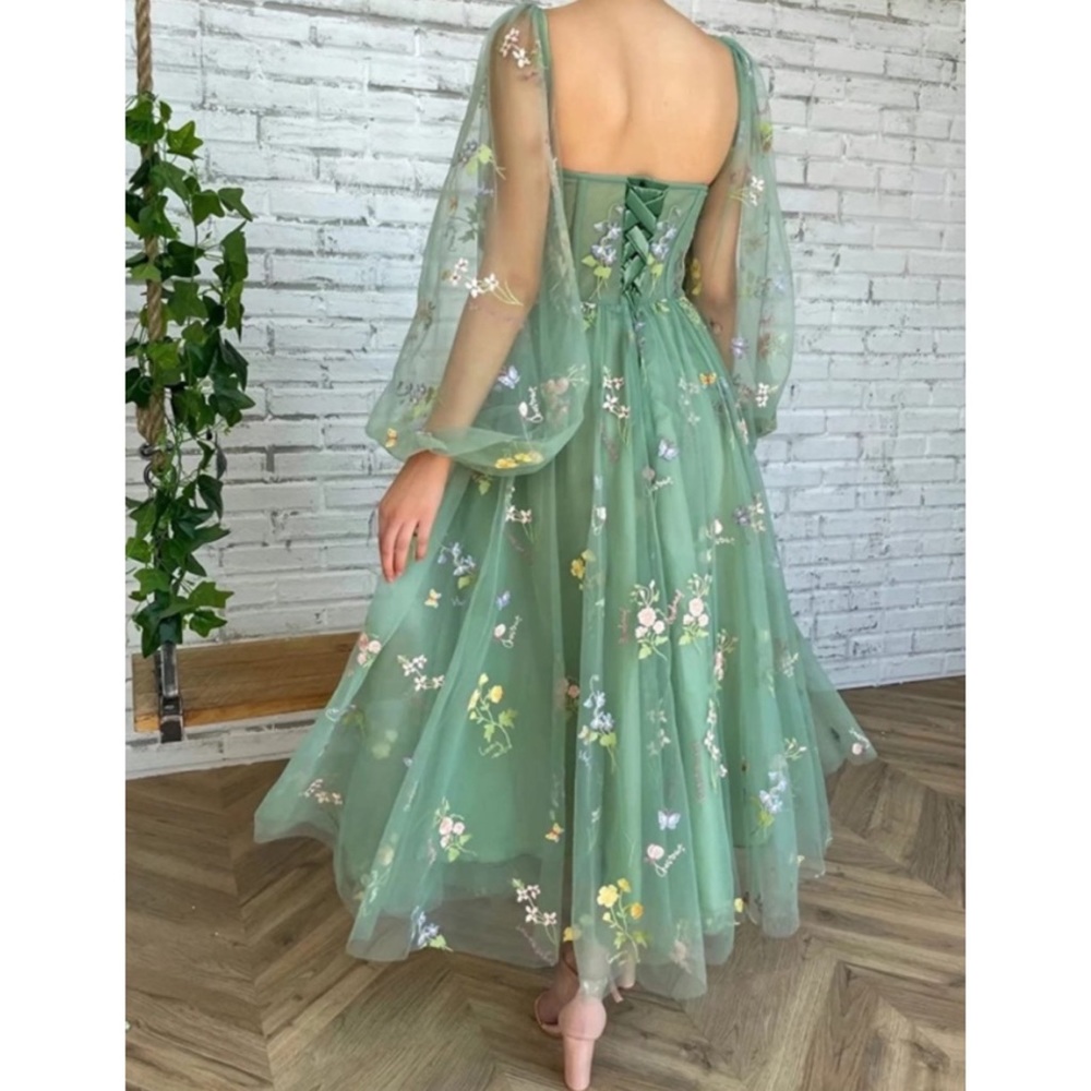 Women's Puffy Sleeve Prom Dresses Flower Embroidery Tulle - Picture 4 of 6